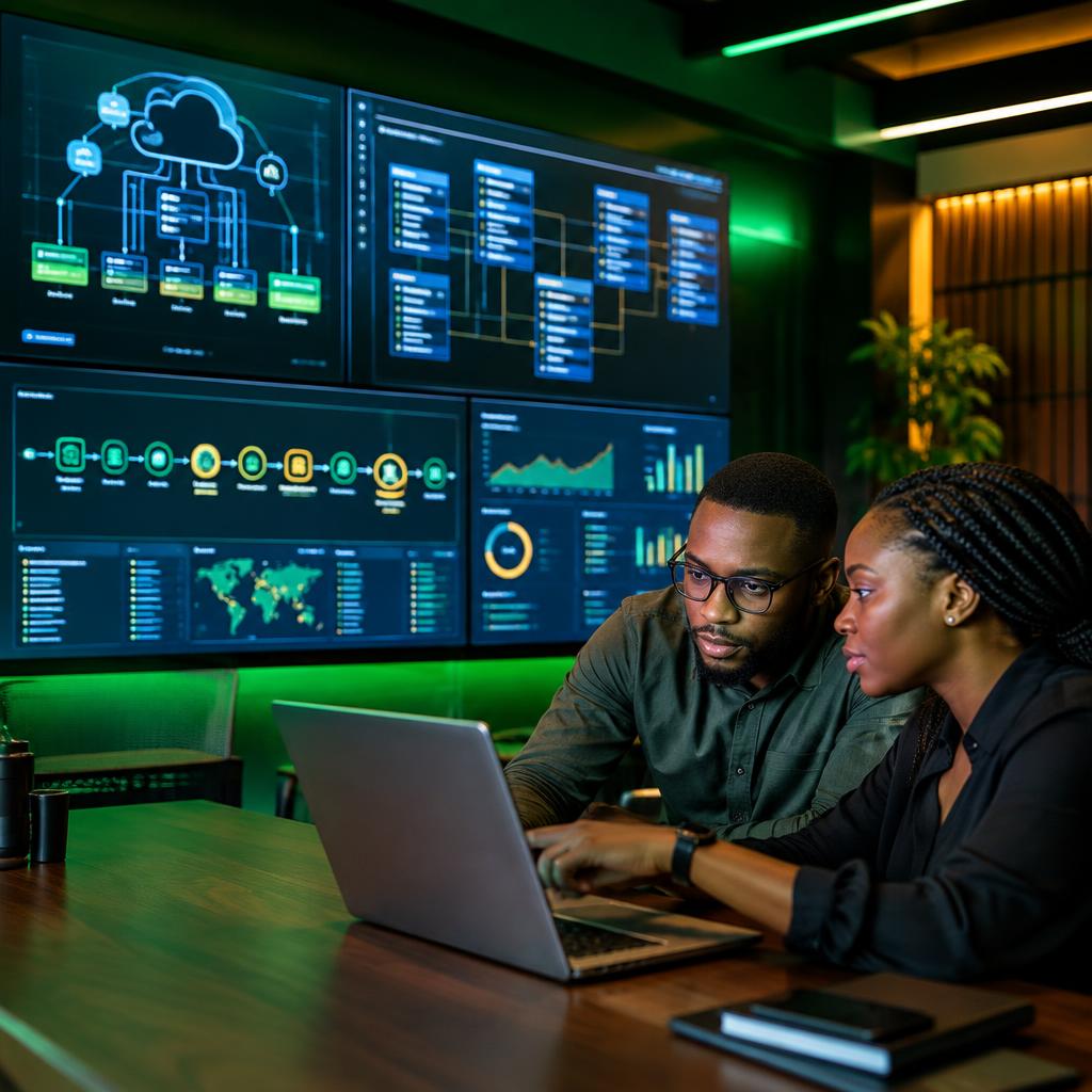 Engineers reviewing Oracle cloud architecture and integration dashboards