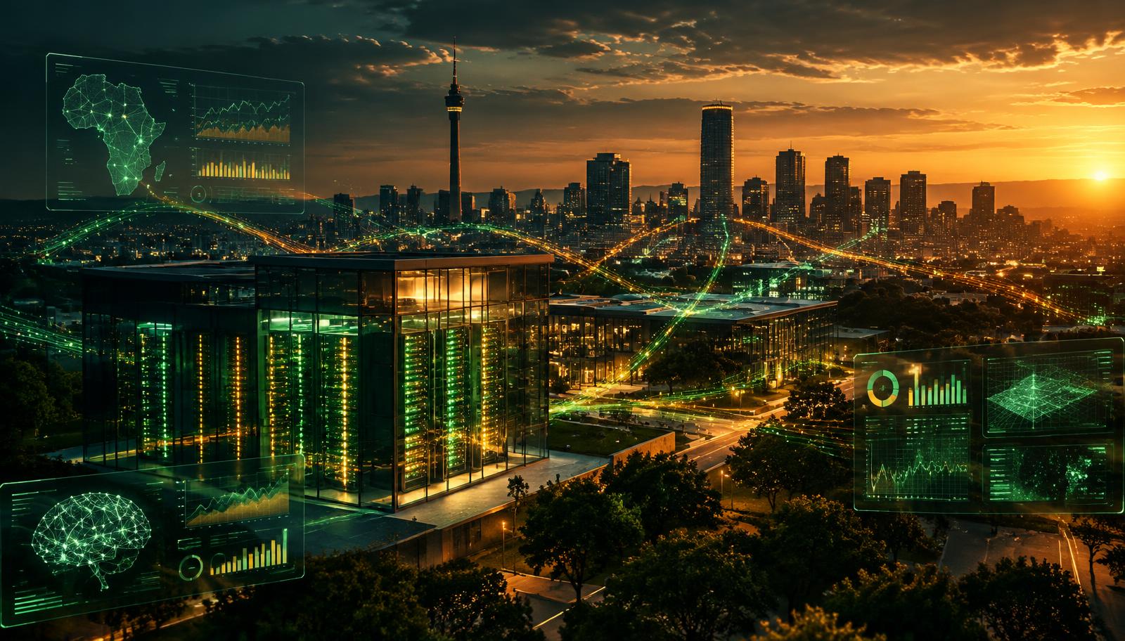 Johannesburg skyline at dusk with a glowing data center and AI dashboards